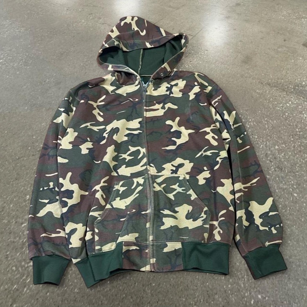Vintage 80s Green Camo Full Zip Up Hoodie Mens Large Polyester Foam Filled